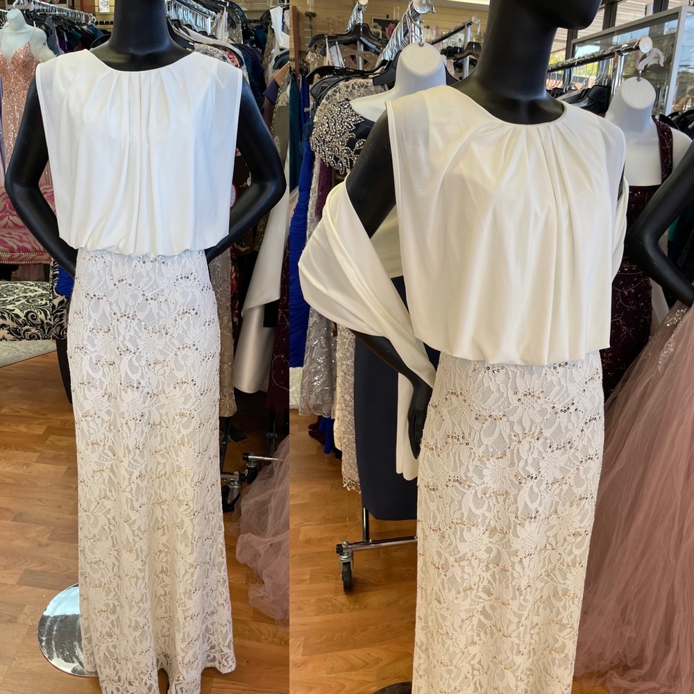 Long off white dress with jersey blouse top and lace bottom size 6 gold sequins